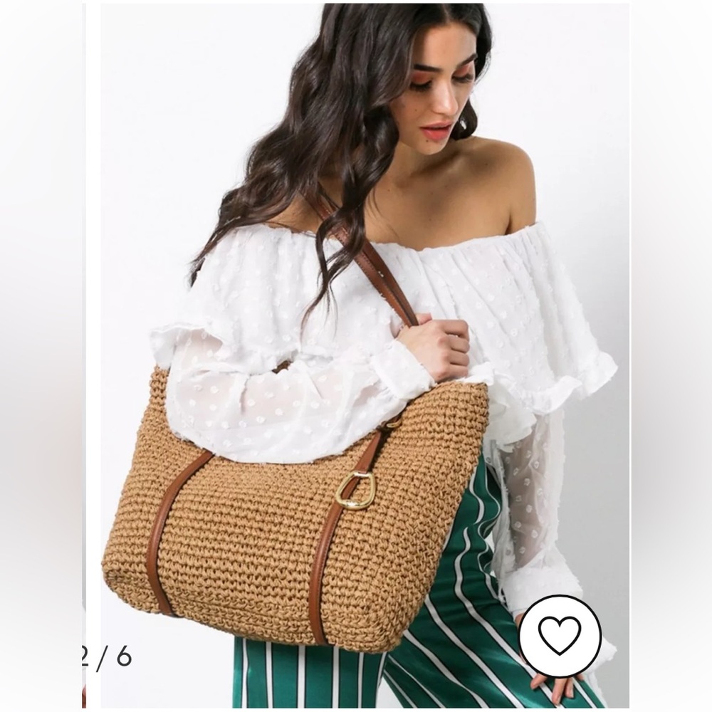 Ralph Lauren Woven Straw Tote with Brown Leather Trim